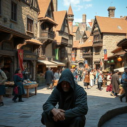 A bustling medieval market scene filled with life and activity, featuring a variety of stone and wooden buildings with rustic architecture