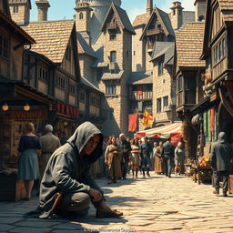 A bustling medieval market scene filled with life and activity, featuring a variety of stone and wooden buildings with rustic architecture