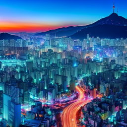 Fantasy version of Seoul at twilight, brought to life with vibrant neon lights and ethereal skyscrapers. Create an album cover with this stunning background, full of aesthetics and beauty.