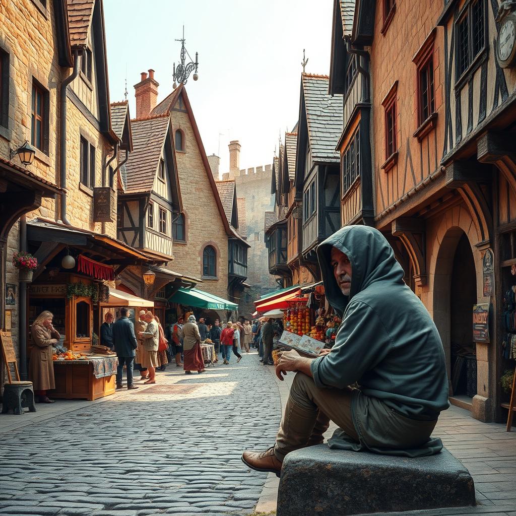 A vibrant medieval market scene showcasing an array of stone and wooden buildings, detailed with charming architectural features from the era