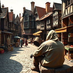 A vibrant medieval market scene showcasing an array of stone and wooden buildings, detailed with charming architectural features from the era