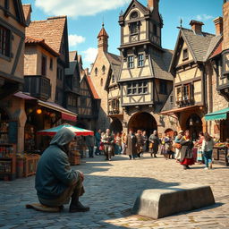 A vibrant medieval market scene showcasing an array of stone and wooden buildings, detailed with charming architectural features from the era
