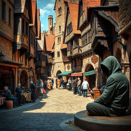 A vibrant medieval market scene showcasing an array of stone and wooden buildings, detailed with charming architectural features from the era