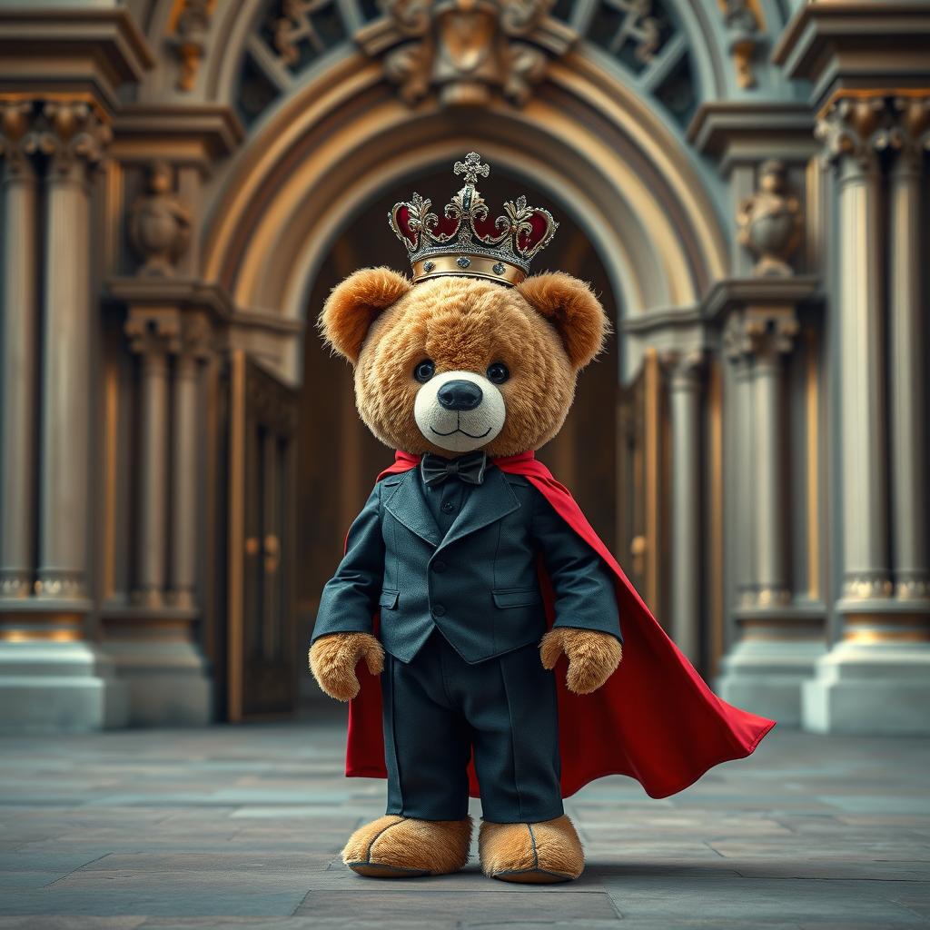 A whimsical teddy bear standing at the entrance of a grand palace