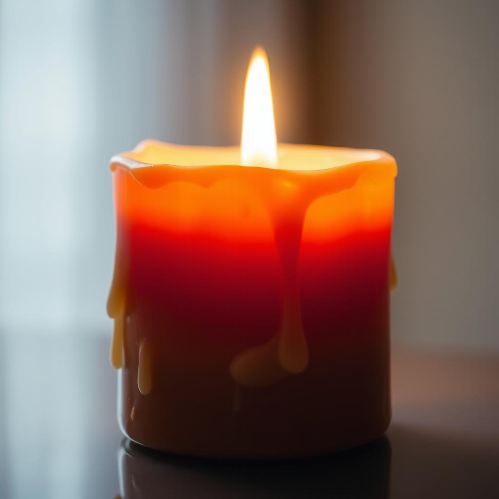 A beautifully lit candle with a warm, gentle glow, surrounded by soft shadows