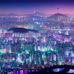 Fantasy version of Seoul at twilight, brought to life with vibrant neon lights and ethereal skyscrapers. Create an album cover with this stunning background, full of aesthetics and beauty.