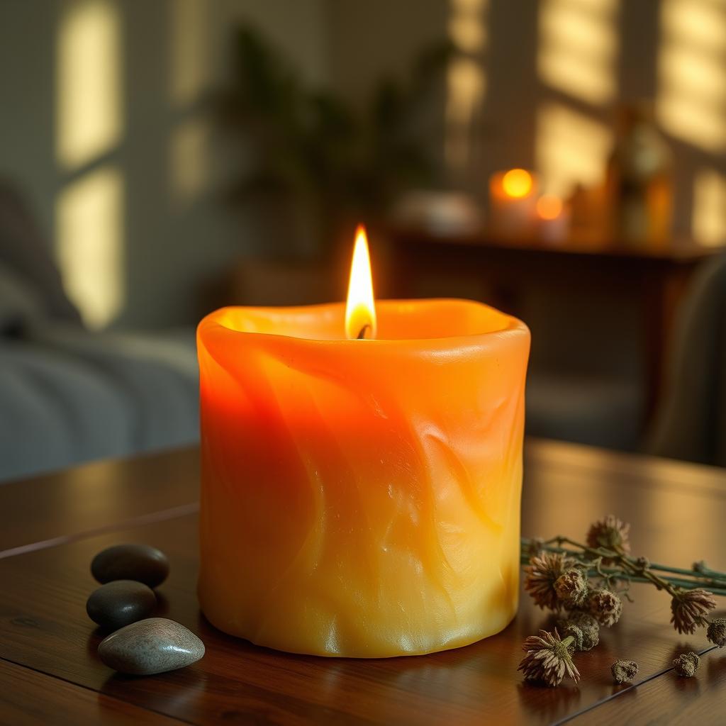 A beautifully detailed candle with a flickering flame, softly illuminating the surroundings