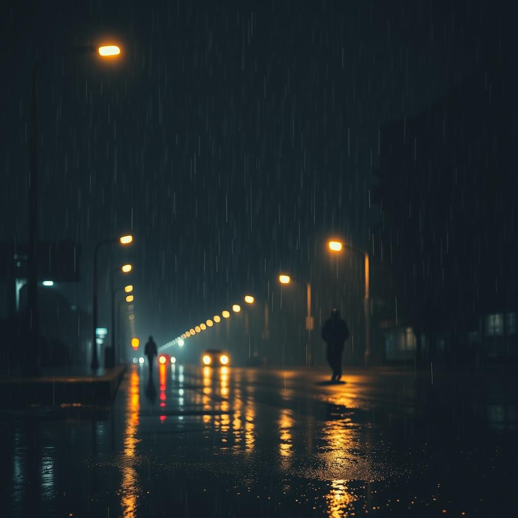 A captivating night scene with rain falling, creating a reflective sheen on the ground