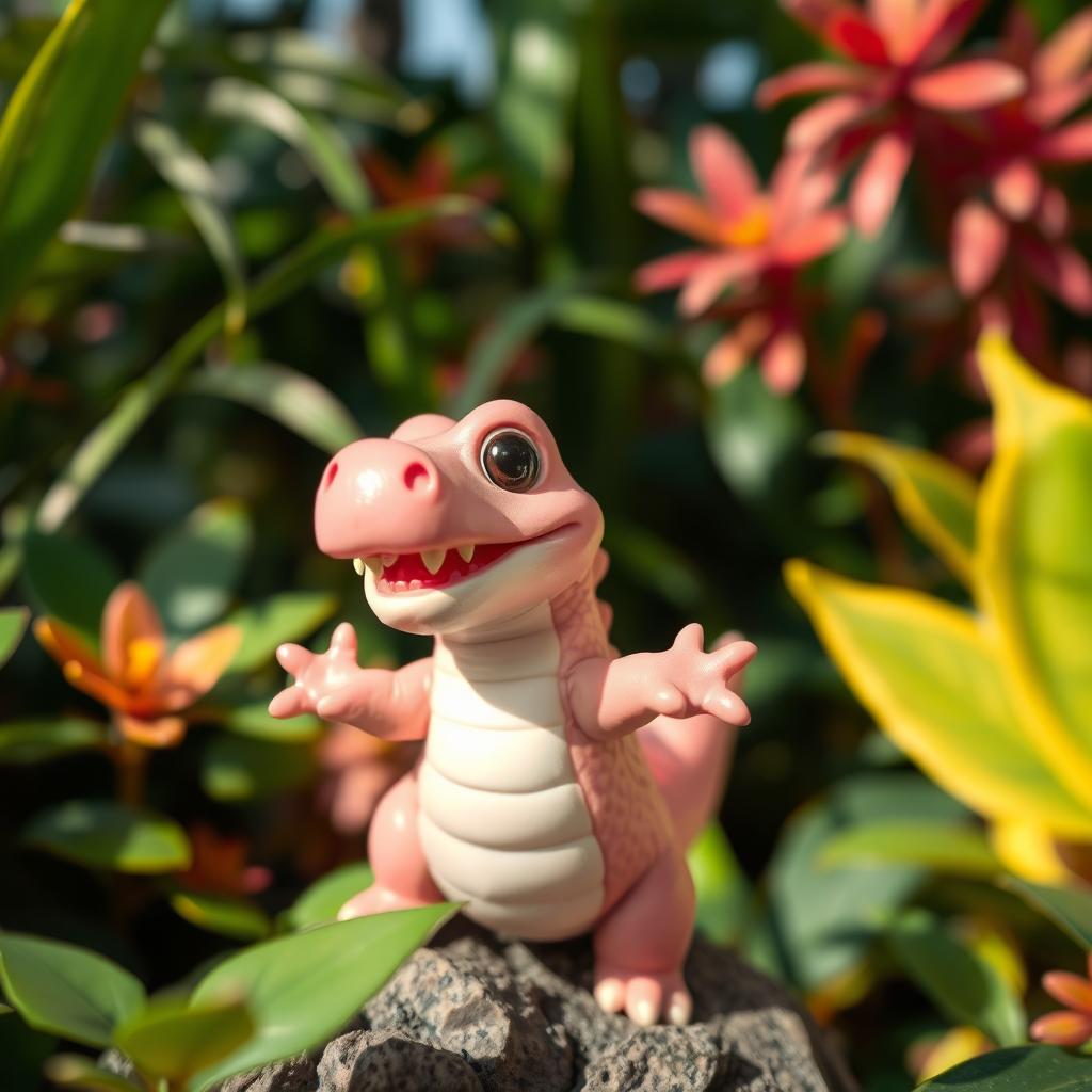 A very tiny, adorable pink crocodile, showcasing its charming features