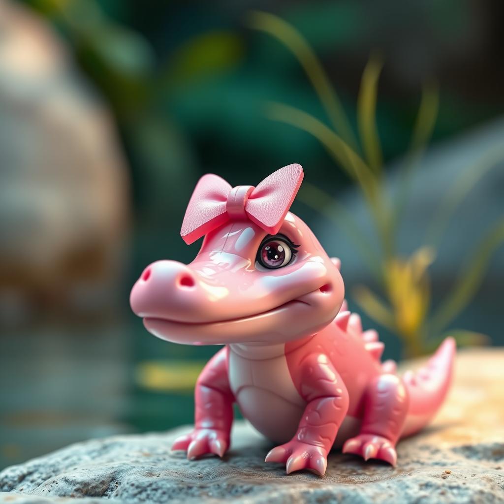 A realistic, tiny, adorable pink crocodile, featuring a delicate pink bow on its head