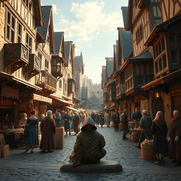 A lively medieval market scene bursting with activity, showcasing an array of stone and wooden buildings that reflect the craftsmanship of the era