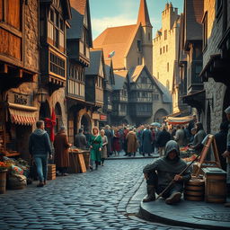A lively medieval market scene bursting with activity, showcasing an array of stone and wooden buildings that reflect the craftsmanship of the era