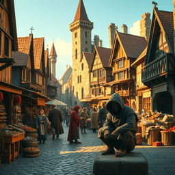 A lively medieval market scene bursting with activity, showcasing an array of stone and wooden buildings that reflect the craftsmanship of the era