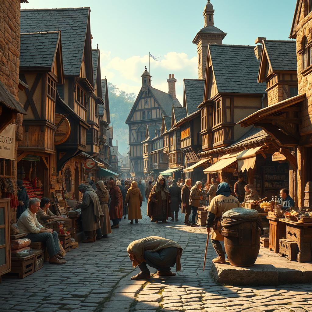 A lively medieval market scene bursting with activity, showcasing an array of stone and wooden buildings that reflect the craftsmanship of the era