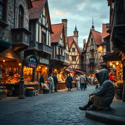 An enchanting medieval market scene teeming with energy, showcasing an assortment of stone and wooden buildings that highlight the era's architectural charm