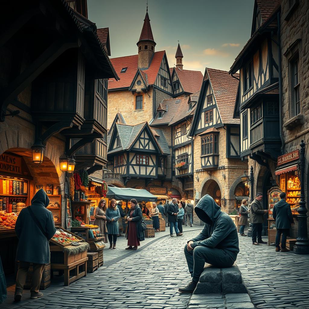 An enchanting medieval market scene teeming with energy, showcasing an assortment of stone and wooden buildings that highlight the era's architectural charm