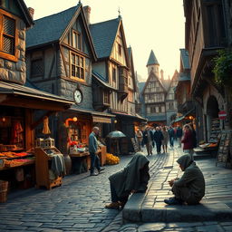 An enchanting medieval market scene teeming with energy, showcasing an assortment of stone and wooden buildings that highlight the era's architectural charm