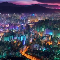 Fantasy version of Seoul at twilight, brought to life with vibrant neon lights and ethereal skyscrapers. Create an album cover with this stunning background, full of aesthetics and beauty.