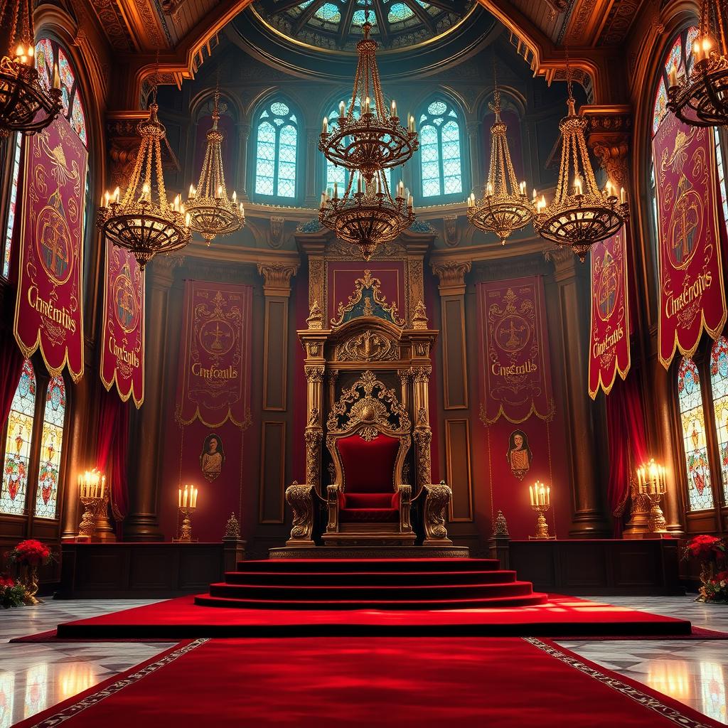 A magnificent royal throne room, richly adorned with intricate golden accents, high vaulted ceilings, and ornate chandeliers hanging from above