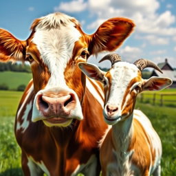 A harmonious scene featuring a beautiful blend of a cow and a goat, symbolizing their connection in rural life