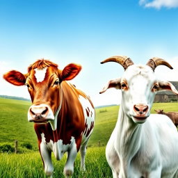 A harmonious scene featuring a beautiful blend of a cow and a goat, symbolizing their connection in rural life