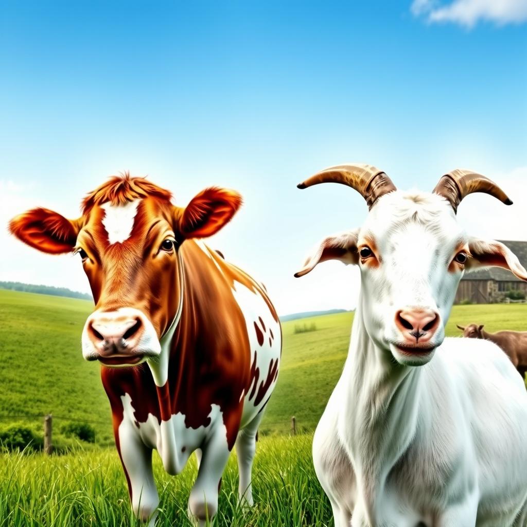 A harmonious scene featuring a beautiful blend of a cow and a goat, symbolizing their connection in rural life