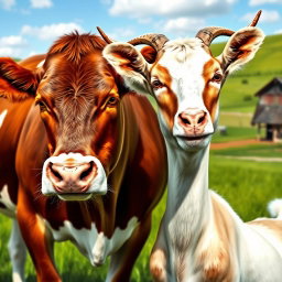 A harmonious scene featuring a beautiful blend of a cow and a goat, symbolizing their connection in rural life