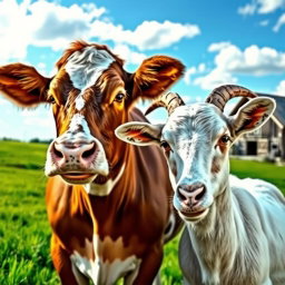 A harmonious scene featuring a beautiful blend of a cow and a goat, symbolizing their connection in rural life