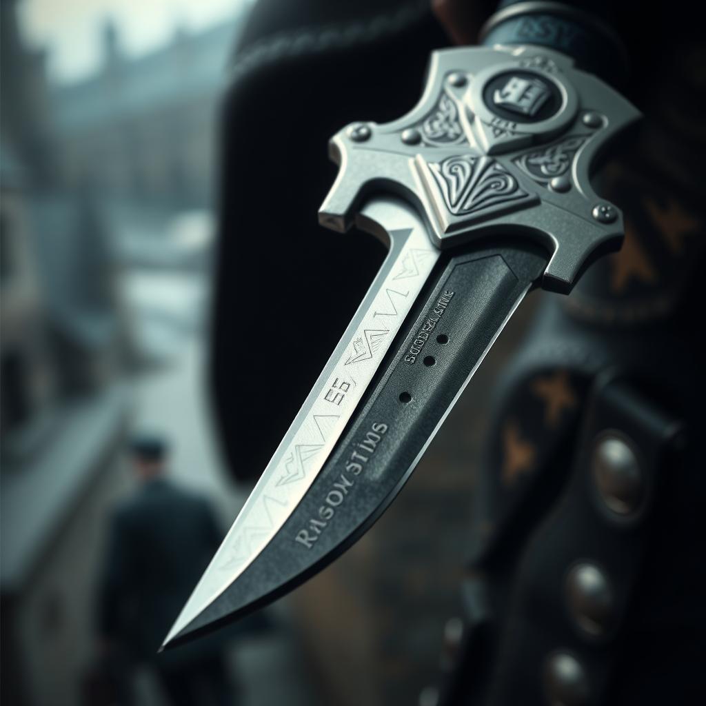 A detailed close-up of a hidden blade mechanism, elegantly designed, with a sleek metal finish and intricate engravings