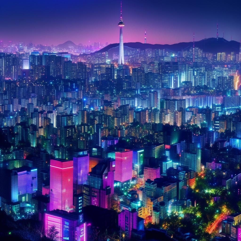 Fantasy version of Seoul at twilight, brought to life with vibrant neon lights and ethereal skyscrapers. Create an album cover with this stunning background, full of aesthetics and beauty.