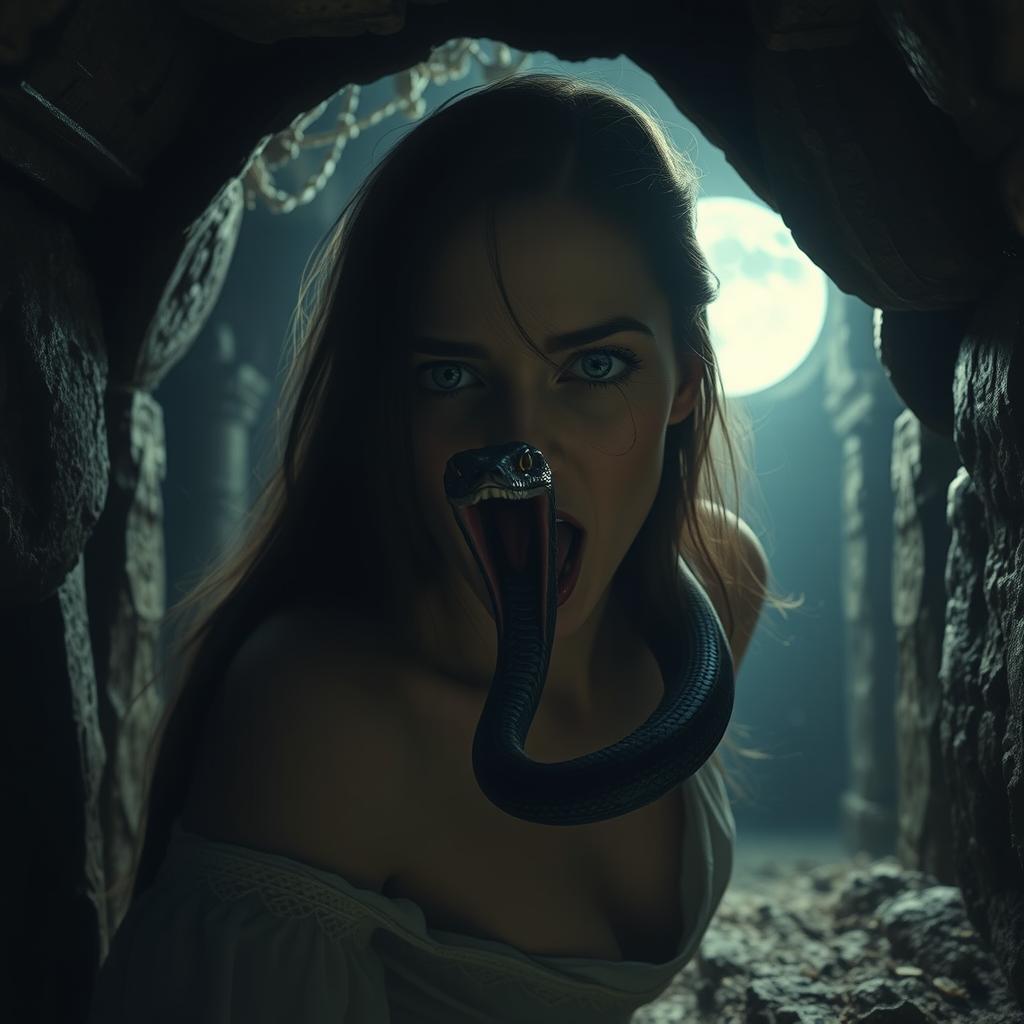 A mysterious woman emerging from an ancient tomb, her face partially obscured yet filled with enigma