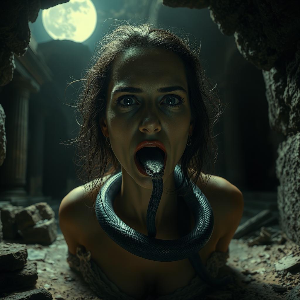A mysterious woman emerges from an ancient tomb, her face partially faded, embodying an aura of deep mystery