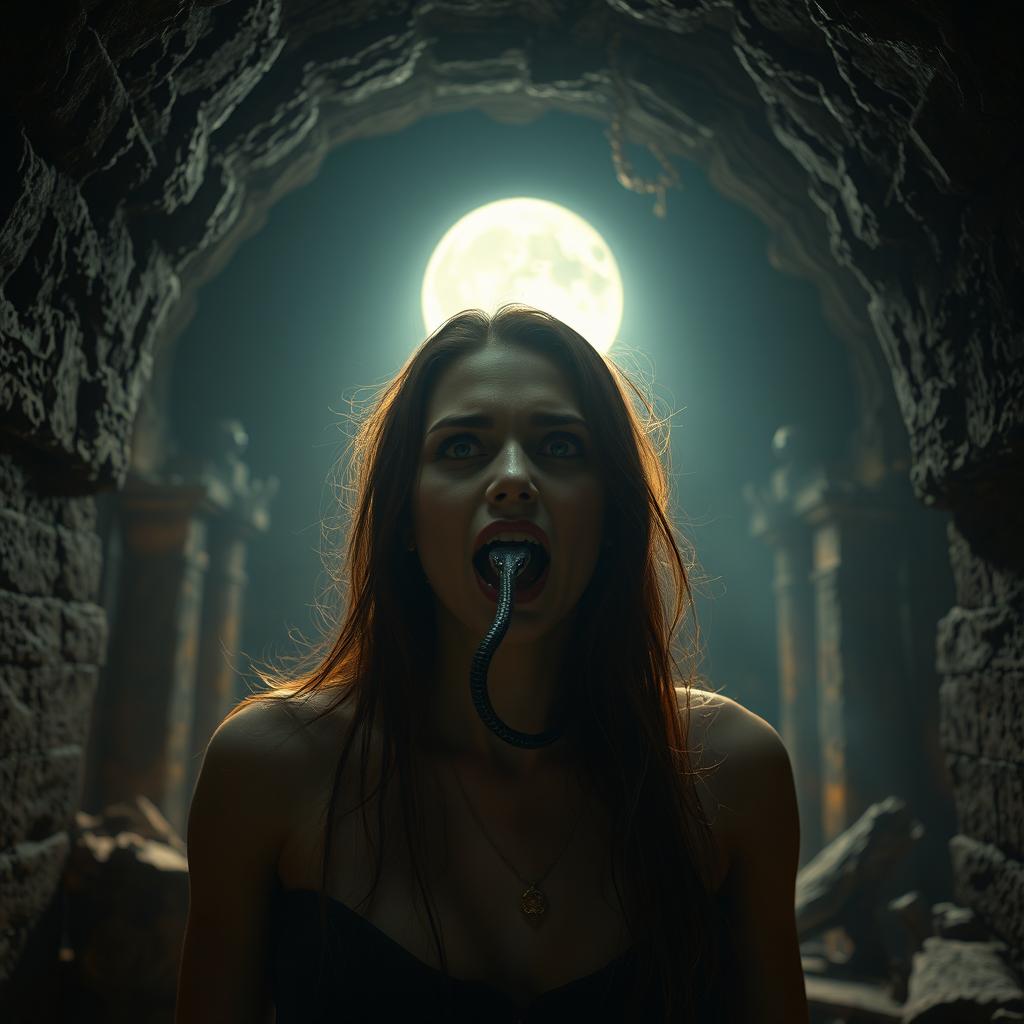 A mysterious woman emerges from an ancient tomb, her face is half-faded, exuding an air of mystery
