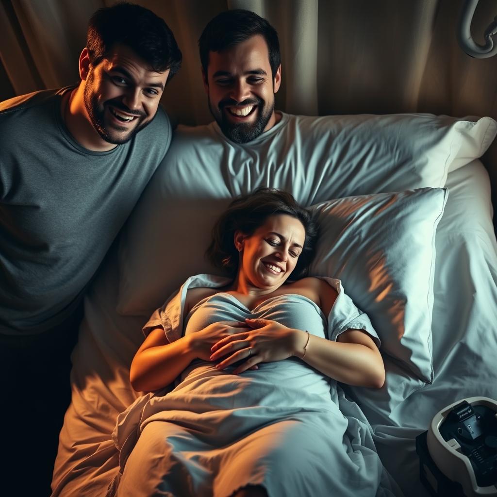 A dramatic and intimate scene depicting a woman in the process of giving birth on a bed, showcasing the strength and emotion of the moment