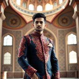 A stylish man wearing an intricately designed Sherwani in a mosque setting