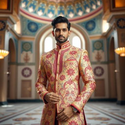A stylish man wearing an intricately designed Sherwani in a mosque setting