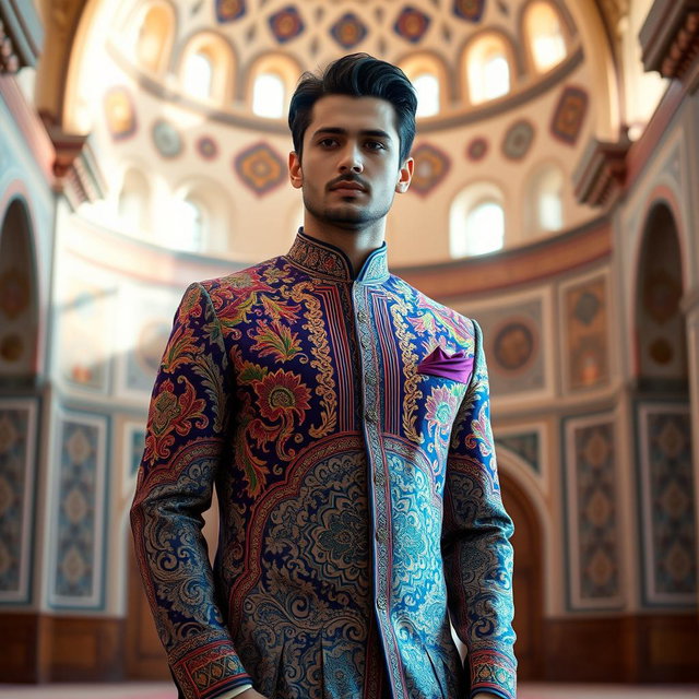 A stylish man wearing an intricately designed Sherwani in a mosque setting