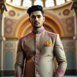 A stylish man wearing an intricately designed Sherwani in a mosque setting