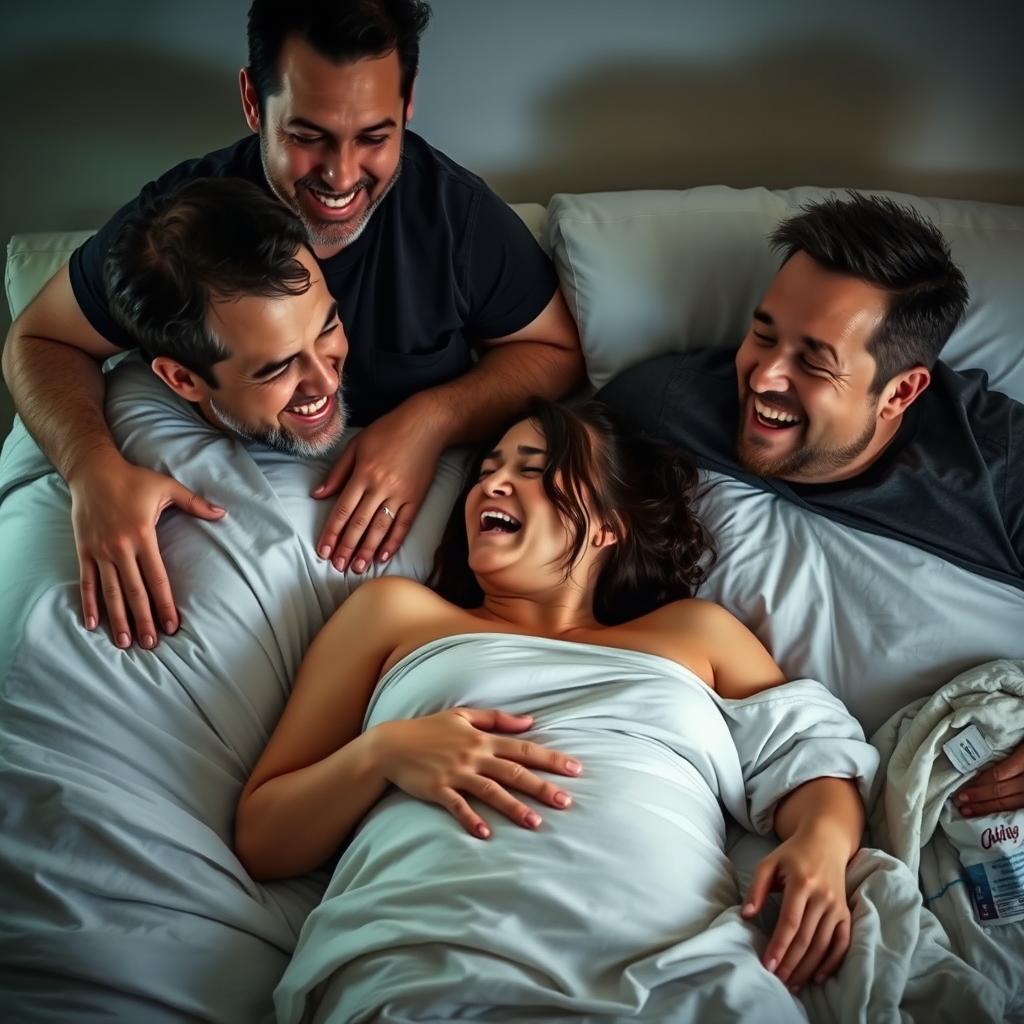 A poignant scene depicting a woman in labor, crying on a bed, expressing her emotions during this intense moment