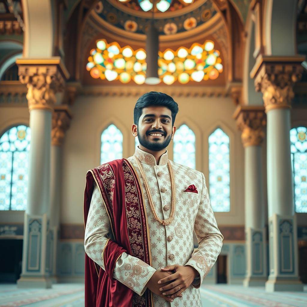 A handsome man wearing a traditional Sherwani standing gracefully inside a beautifully adorned mosjid