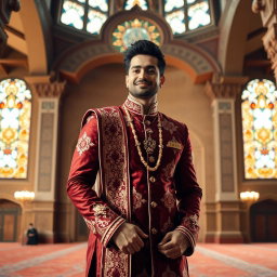 A handsome man wearing a traditional Sherwani standing gracefully inside a beautifully adorned mosjid