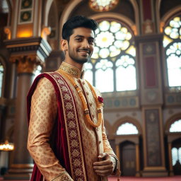 A handsome man wearing a traditional Sherwani standing gracefully inside a beautifully adorned mosjid