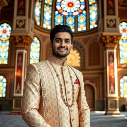 A handsome man wearing a traditional Sherwani standing gracefully inside a beautifully adorned mosjid