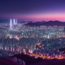 Finalize an album cover with a soothing lo-fi theme, featuring a fantasy version of Seoul at twilight. This scene is lit with soft glowing neon lights, enchanting skyscrapers, and hints of a tranquil soundscape.