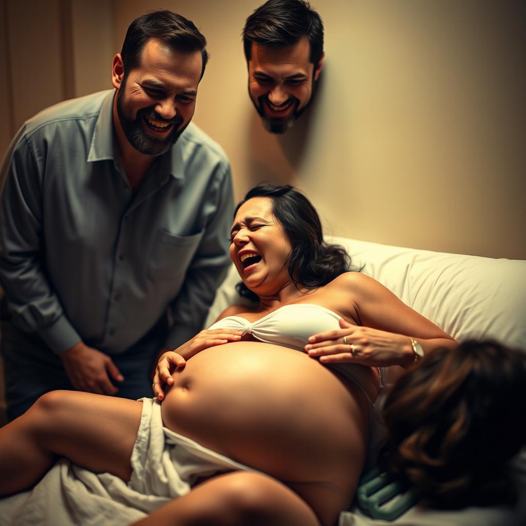 An intense scene showcasing a woman in labor on a bed, crying and in pain, with her belly visibly swollen, reflecting the reality of childbirth