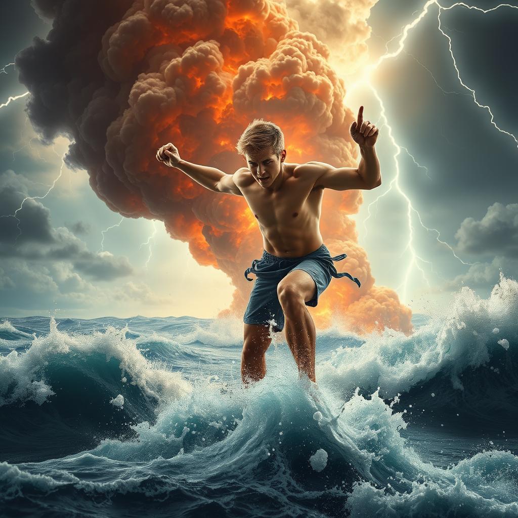 A dynamic and intense scene featuring a brilliant, extremely strong, and agile young man engaged in a fierce struggle against a massive plume of heat that appears to be swirling in the sky