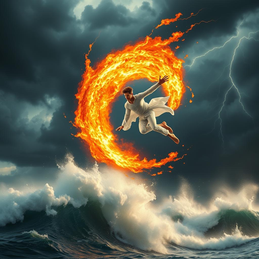 A striking scene featuring a brilliant, incredibly strong and agile young man dressed in all white, engaged in a fierce battle in the sky against a massive, swirling mass of intense heat