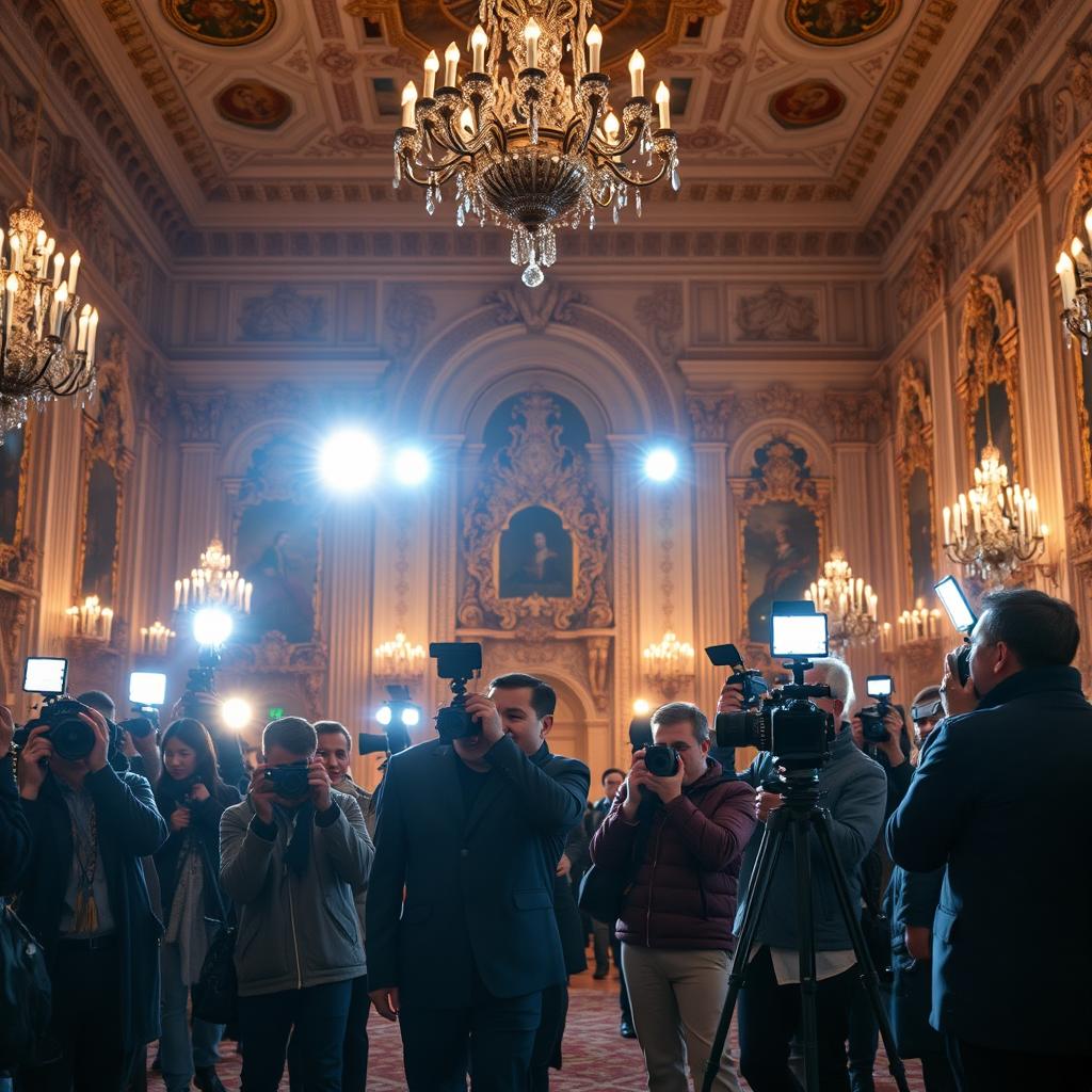 A grand palace interior as the background, richly decorated with elegant chandeliers and intricate architectural details