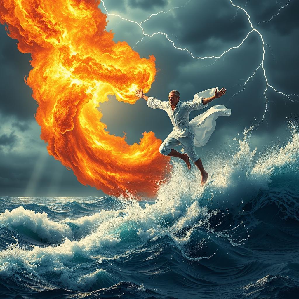 A vivid and striking scene featuring a brilliant, incredibly strong and agile young man dressed in pure white, engaged in a fierce battle high in the sky against a massive, swirling mass of intense heat