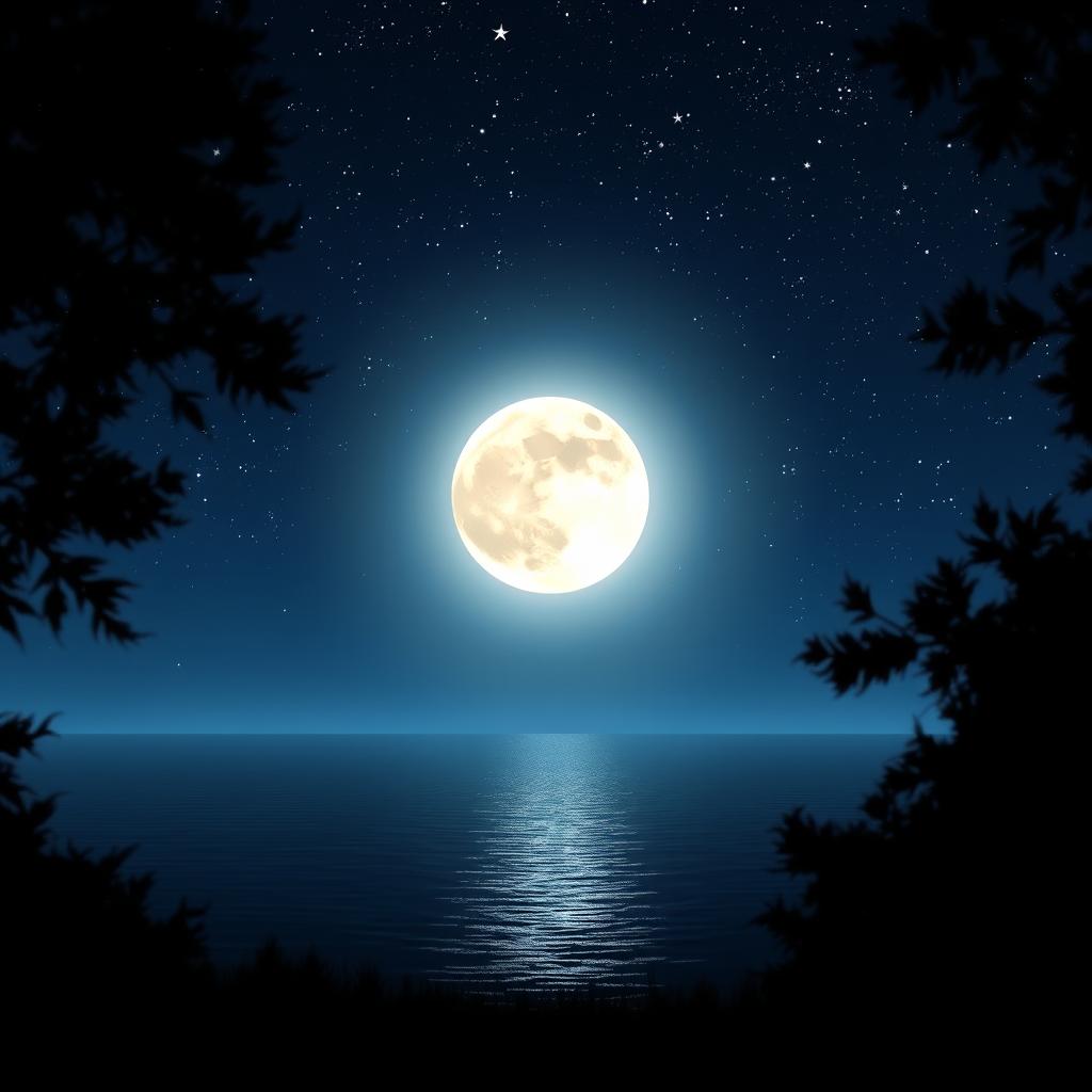 A serene night sky illuminated by a large, bright moon surrounded by twinkling stars